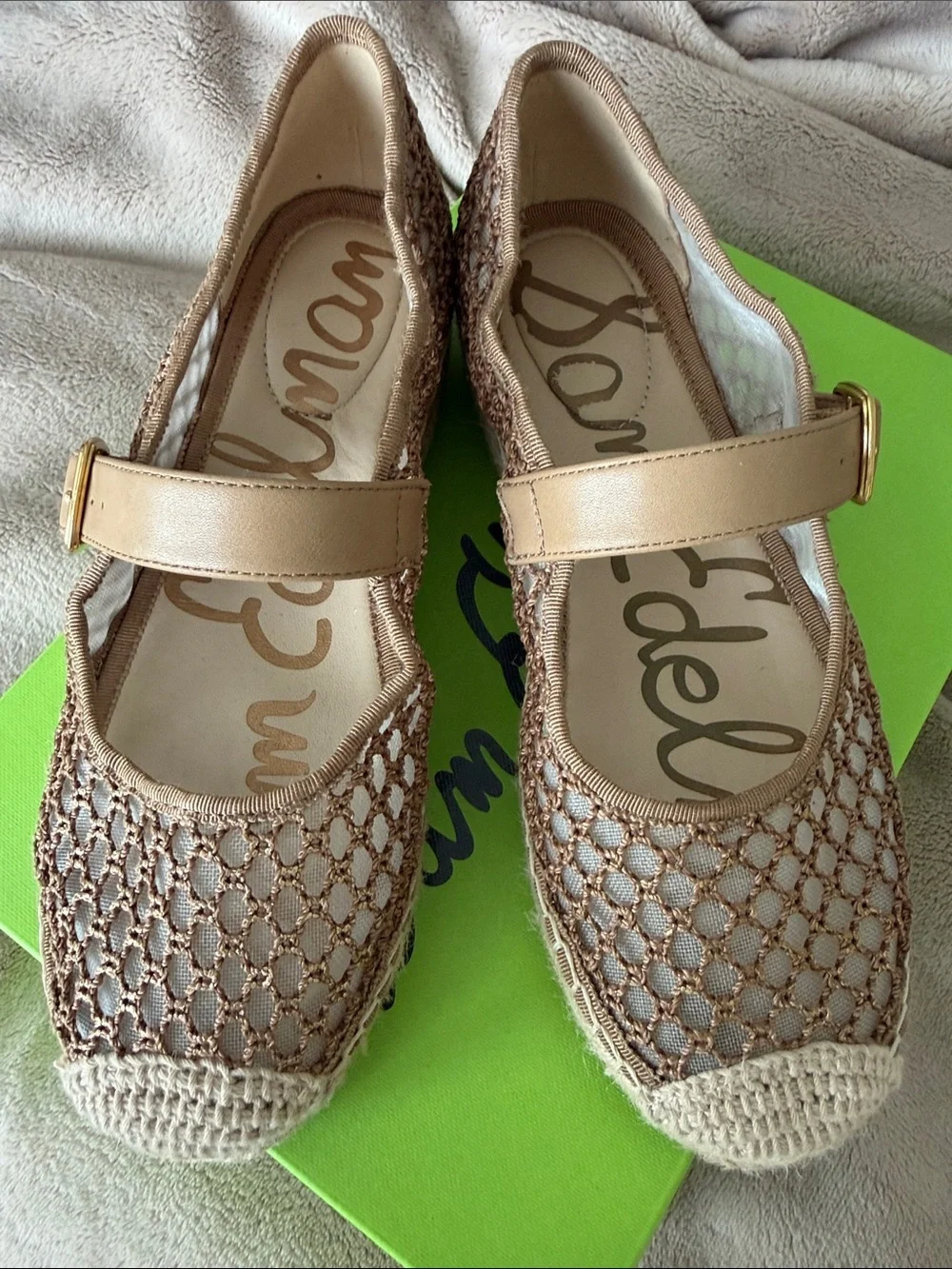 Sam Edelman Mackie Gold/Tan Crochet Espadrille Mary Jane Shoes, size 6.5
